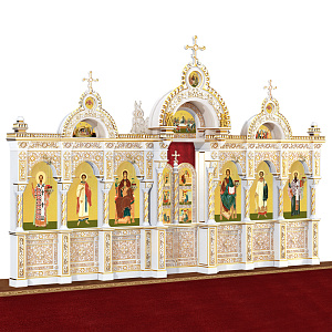 Иконостас "Романовский" одноярусный белый с золотом (патина), 704х457х47 см (сосна)