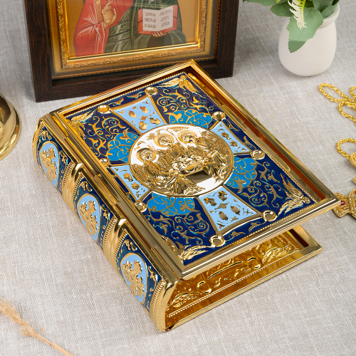 Оклад для Евангелия напрестольного, цинковый сплав, цвет "под золото", синяя эмаль, 16,5х6х24,5 см фото 3