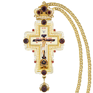 Крест наперсный из ювелирного сплава с цепью, в позолоте, с камнями, 7х15,5 см (вес 180 г)