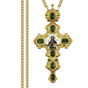 Крест наперсный из ювелирного сплава в позолоте с цепью, деколь, фианиты, 8х16,5 см (зеленые фианиты)