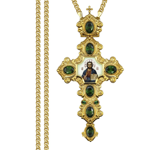 Крест наперсный из ювелирного сплава в позолоте с цепью, деколь, фианиты, 8х16,5 см фото 2