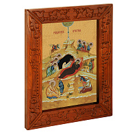 Икона Рождества Христова, в узкой резной раме, цвет "кипарис", холст с золочением, ширина рамы 7 см