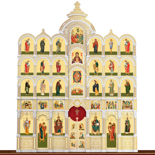 Иконостас деревянный резной "Владимирский" пятиярусный белый с золотом (патина), 690х860х45 см фото 2 Иконостас деревянный резной "Владимирский" пятиярусный белый с золотом (патина), 690х860х45 см фото 2