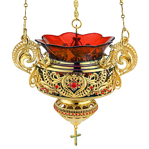 Лампада из ювелирного сплава подвесная в позолоте с камнями, 16х19 см (красный стаканчик)