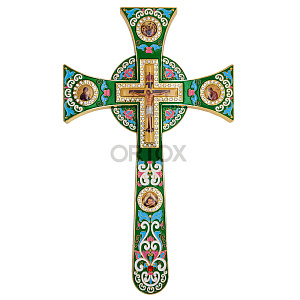 Крест требный четырехконечный, зеленая эмаль, фианиты (латунь)