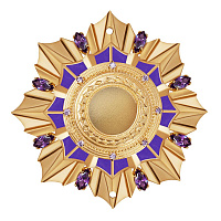 Мощевик накладной из ювелирного сплава в позолоте с фиолетовой эмалью и фианитами, Ø 50/12 мм