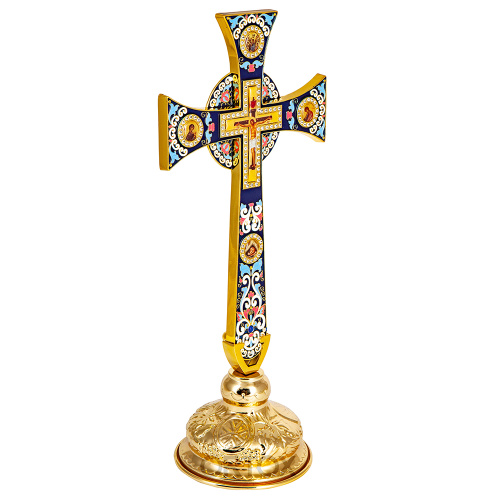 Крест требный четырехконечный, синяя эмаль, камни, 17х29 см фото 7