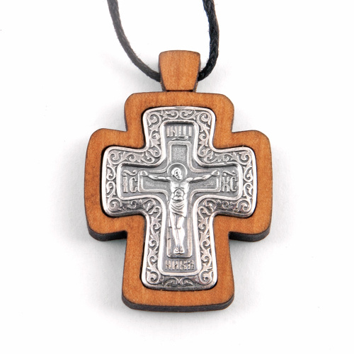Нательный крестик деревянный с распятием из мельхиора в серебрении, 2,7х3,7 см фото 3 Нательный крестик деревянный с распятием из мельхиора в серебрении, 2,7х3,7 см фото 3