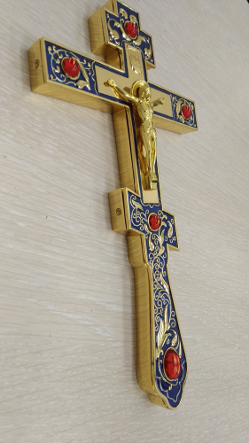 Крест напрестольный латунный, синяя эмаль, красные камни, 14,5х26 см, У-0036 фото 2
