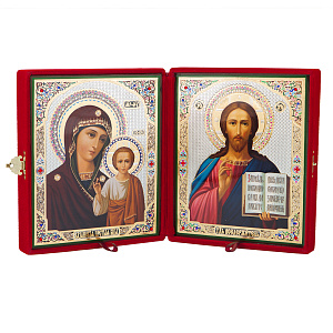Складень венчальный с ликами Спасителя и Божией Матери "Казанская", 18,5х22 см, бархат, стразы (красный)