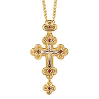 Крест наперсный латунный в позолоте с цепью, фианиты, 7,5х14,5 см