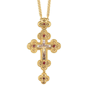 Крест наперсный латунный в позолоте с цепью, фианиты, 7,5х14,5 см (белые фианиты)