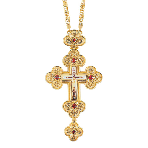 Крест наперсный латунный в позолоте с цепью, фианиты, 7,5х14,5 см