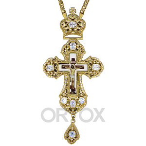 Крест наперсный латунный с цепью, позолота, фианиты, 8х17,5 см (белые фианиты)