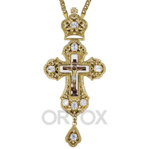 Крест наперсный латунный с цепью, позолота, фианиты, 8х17,5 см фото 2