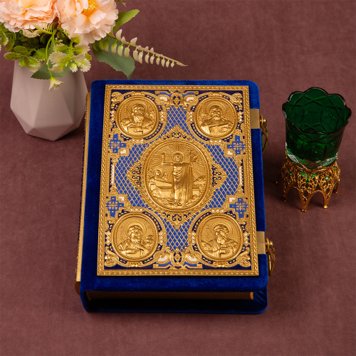 Евангелие требное среднее синее, оклад "под золото", бархат, эмаль, 17х22 см фото 2