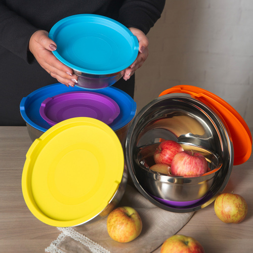 Набор мисок из нержавеющей стали с силиконовыми крышками, 5 штук фото 7