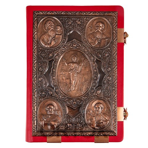 Евангелие напрестольное красное, оклад "под бронзу", кожа, 24х31 см