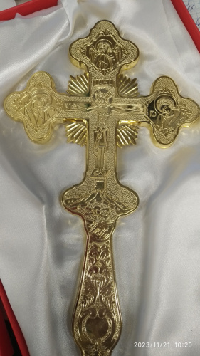 Крест напрестольный, цинковый сплав, цвет "под золото", 16,4х28 см, У-0926 фото 4