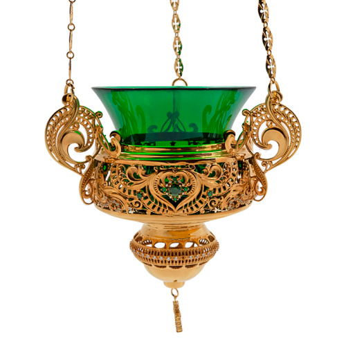 Лампада подвесная из ювелирного сплава в позолоте с камнями, 16х19 см фото 2 Лампада подвесная из ювелирного сплава в позолоте с камнями, 16х19 см фото 2