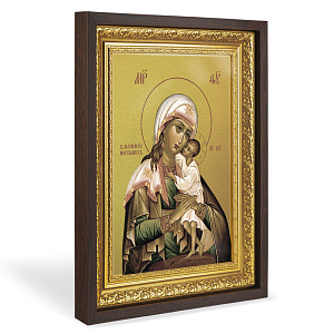 Икона Божией Матери "Взыскание погибших", в широком багете, цвет "темный дуб", на холсте, с золочением (33,5х42,2 см (под икону А4))