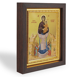 Икона Божией Матери "Живоносный Источник", в узком багете, цвет "темный дуб", на холсте, с золочение (14,3х17,4 см (под икону А7))