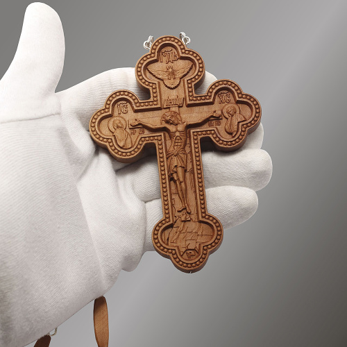 Крест наперсный "Наградной" деревянный светлый резной, с цепью, 8х17 см фото 4