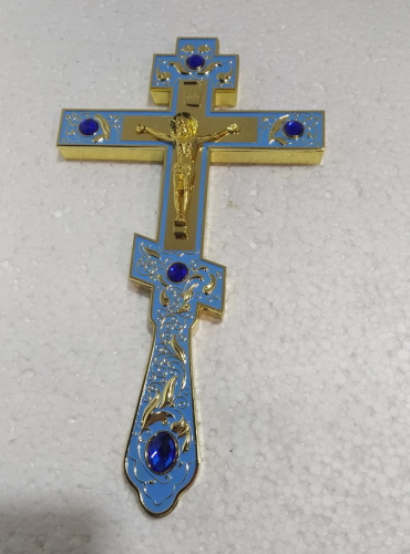Крест напрестольный, голубая эмаль, синие камни, 14,5х26 см, У-0930 фото 2