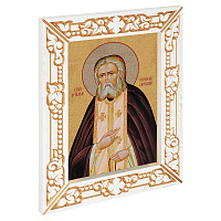 Икона преподобного Серафима Саровского, в узкой резной раме, белая с золотом (патина), холст с золочением, ширина рамы 7 см