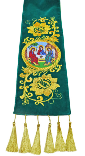 Закладка для Евангелия вышитая зеленая с иконой "Троица", бархат, 150х15 см