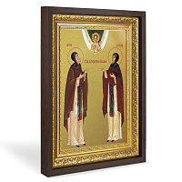Икона благоверных князя Петра и княгини Февронии Муромских, в широком багете, цвет "темный дуб", на холсте, с золочением