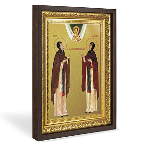 Икона благоверных князя Петра и княгини Февронии Муромских, в широком багете, цвет "темный дуб", на холсте, с золочением (33,5х42,2 см (под икону А4))