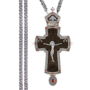 Крест наперсный из ювелирного сплава, серебрение, эбеновое дерево, с цепью, 6,5х14,5 см (средний вес 163 г)