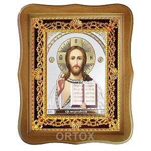 Икона Спасителя "Господь Вседержитель", 22х27 см, фигурная багетная рамка №3 (темный киот)