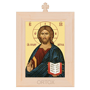 Икона Спасителя "Господь Вседержитель" в рамке с крестом, цвет "натуральное дерево" (7,4х10,5 см (А7))