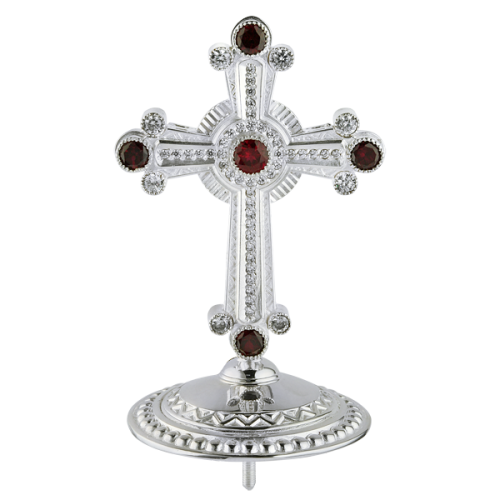 Крест на митру латунный с камнями, серебрение фото 3