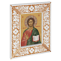 Икона Господа Вседержителя, в широкой резной раме, белая с золотом (патина), холст с золочением, ширина рамы 12 см