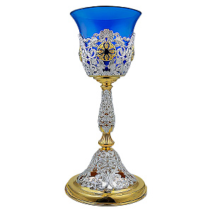 Лампада напрестольная латунная в серебрении и позолоте, фианиты, 13х26,5 см (голубой стаканчик, голубые фианиты)