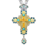 Крест наперсный серебряный, с цепью, позолота, голубые фианиты, высота 17 см