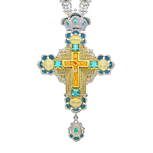 Крест наперсный серебряный, с цепью, позолота, голубые фианиты, высота 17 см (с эмалью)