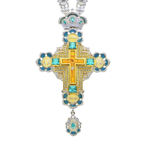 Крест наперсный серебряный, с цепью, позолота, голубые фианиты, высота 17 см