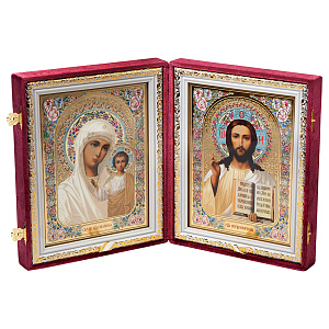 Складень венчальный с ликами Спасителя и Божией Матери "Казанская", цвет бургундия, бархат, конгрев, 20х24,5 см (белый багет)