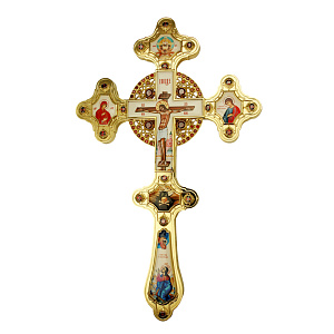 Крест напрестольный из ювелирного сплава в позолоте с фианитами, 20,5х35 см (цветная печать)