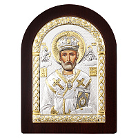 Икона греческая святителя Николая Чудотворца, арочной формы на темной деревянной основе, металлическ