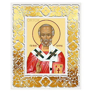 Икона святителя Николая Чудотворца в резной рамке, цвет "белый с золотом" (поталь), ширина рамки 12 см (29,7x42 см (А3))