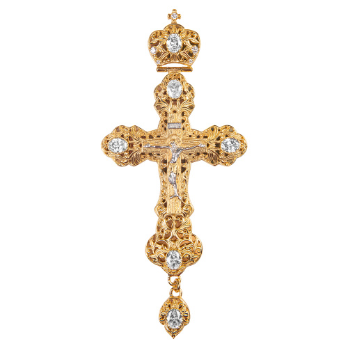 Крест наперсный из ювелирного сплава прорезной литой с позолотой, фианиты, 7х15,5 см фото 2