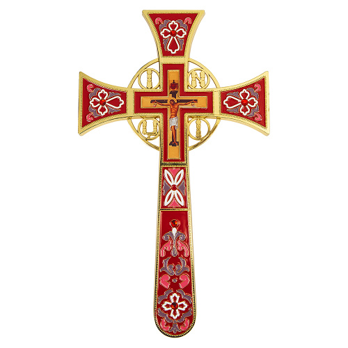 Крест требный четырехконечный, цинковый сплав, красная эмаль, камни, 17х29 см, У-0932