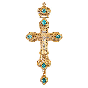 Крест наперсный латунный прорезной литой с позолотой, фианиты, 7х15,5 см (без цепи, голубые фианиты)