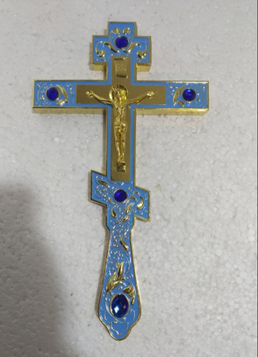 Крест напрестольный, голубая эмаль, синие камни, 14,5х26 см, У-0930 фото 14