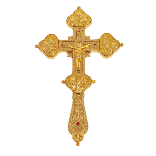 Крест напрестольный / требный, цинковый сплав, гравировка, камни, цвет "под золото", 19,5х31 см фото 9